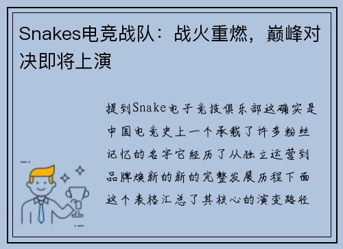 Snakes电竞战队：战火重燃，巅峰对决即将上演